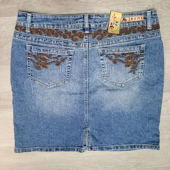 Nwt AB Jeans Denim Jean Skirt Country Western Embroidery Pencil Short Size 14 - Picture 4 of 4